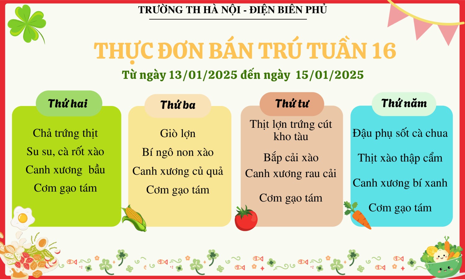 Thực đơn bán trú tuần 16, năm học 2024-2025