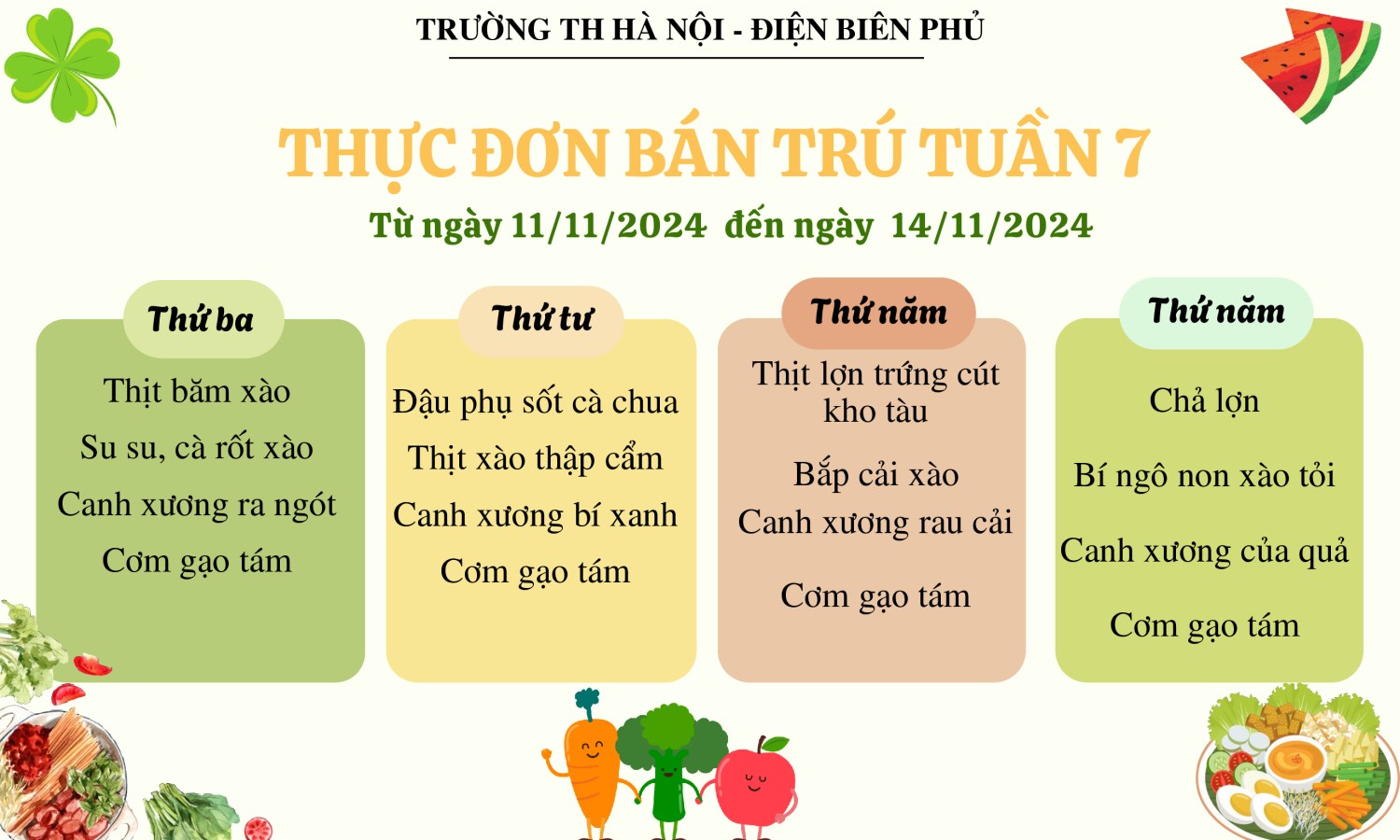 Thực đơn bán trú tuần 7, năm học 2024-2025