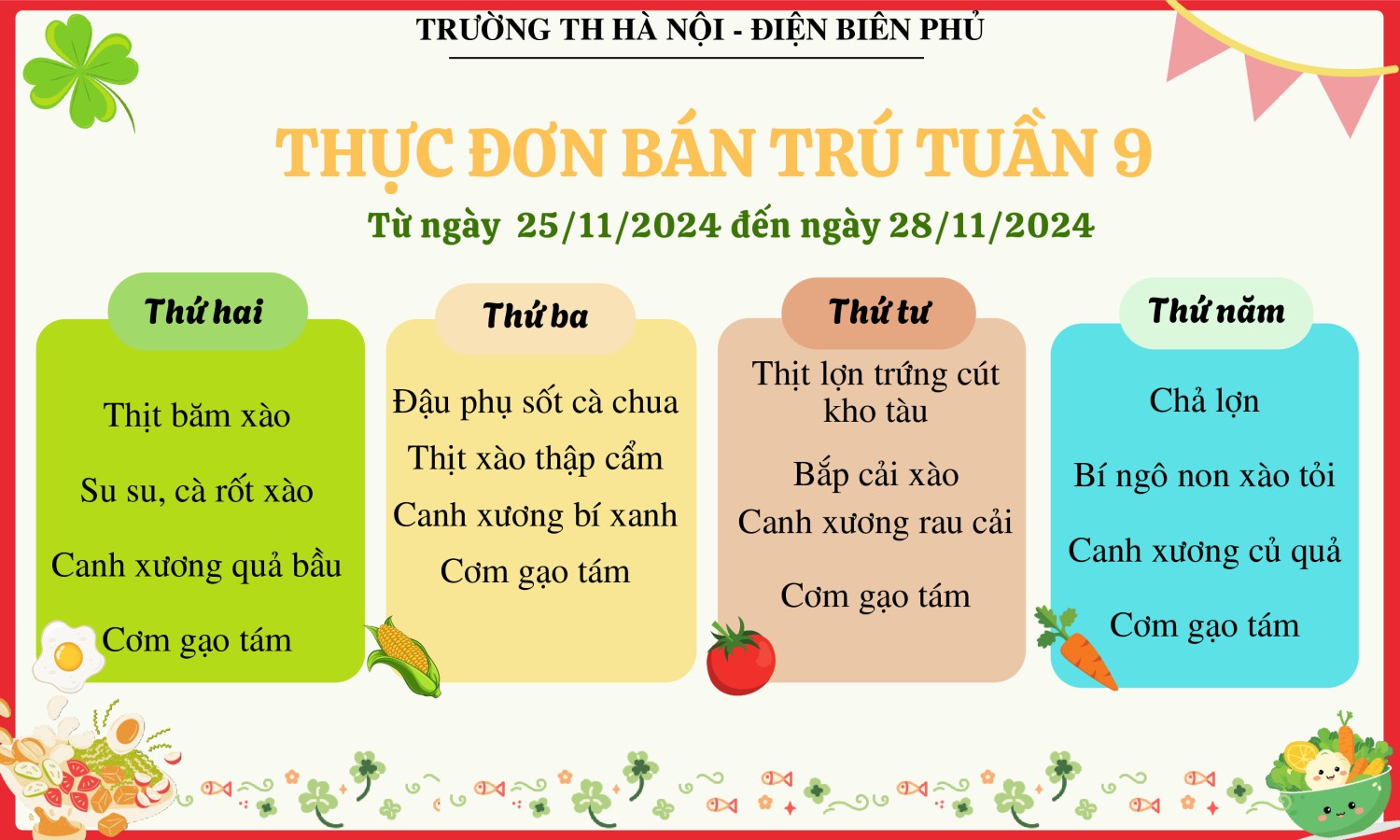 Thực đơn bán trú tuần 9, năm học 2024-2025