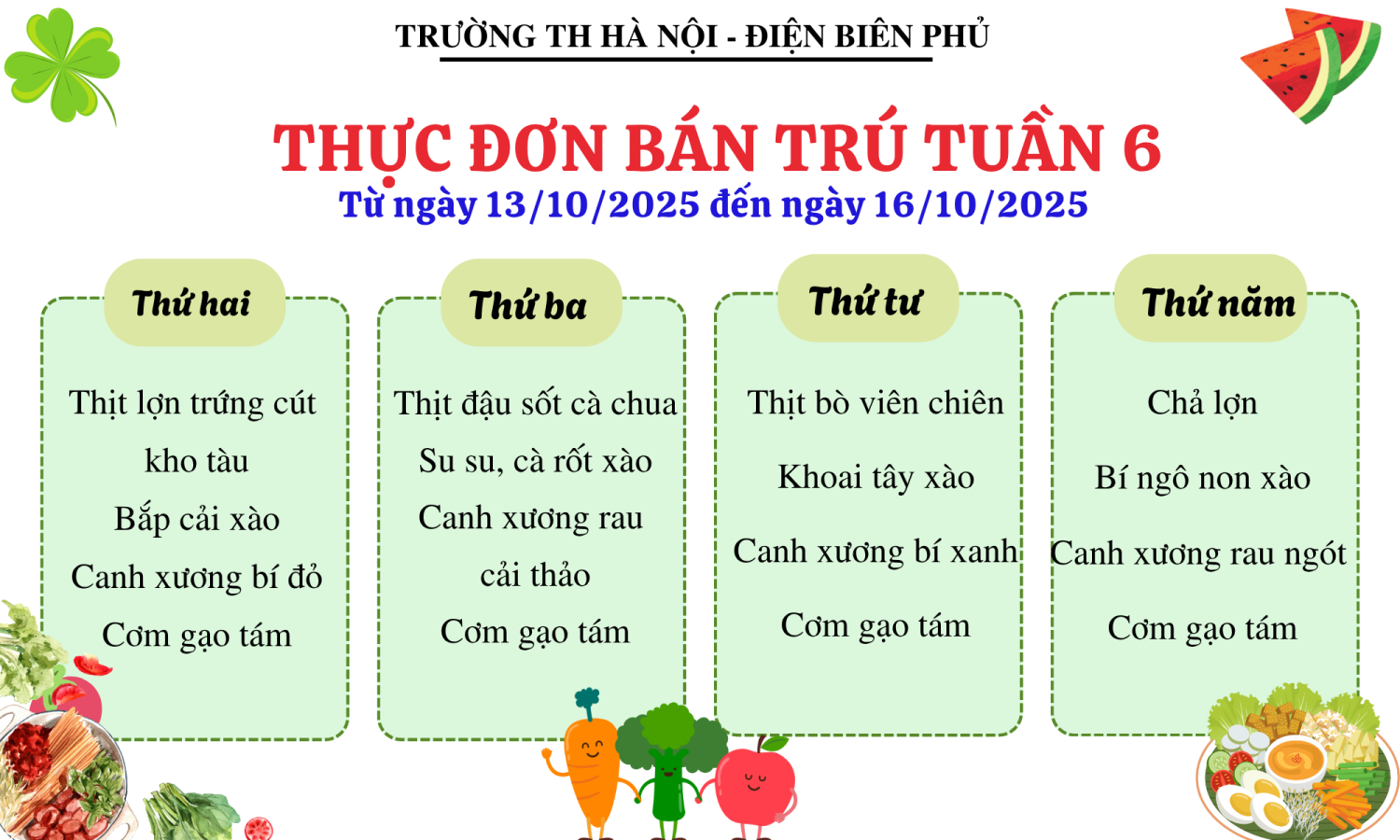 Thực đơn ăn bán trú Tuần 6, năm học 2025-2026